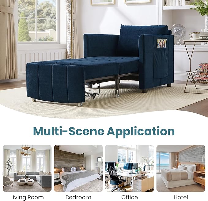 Ball &amp Cast Convertible Pull-Out Sleeper Sofa BedChenille Upholstered Pull Out Couch Chair3 in 1 Single Sofa Chair W/Storage Basket and Side PocketRecliner Chaise Lounge for Living RoomBlue31