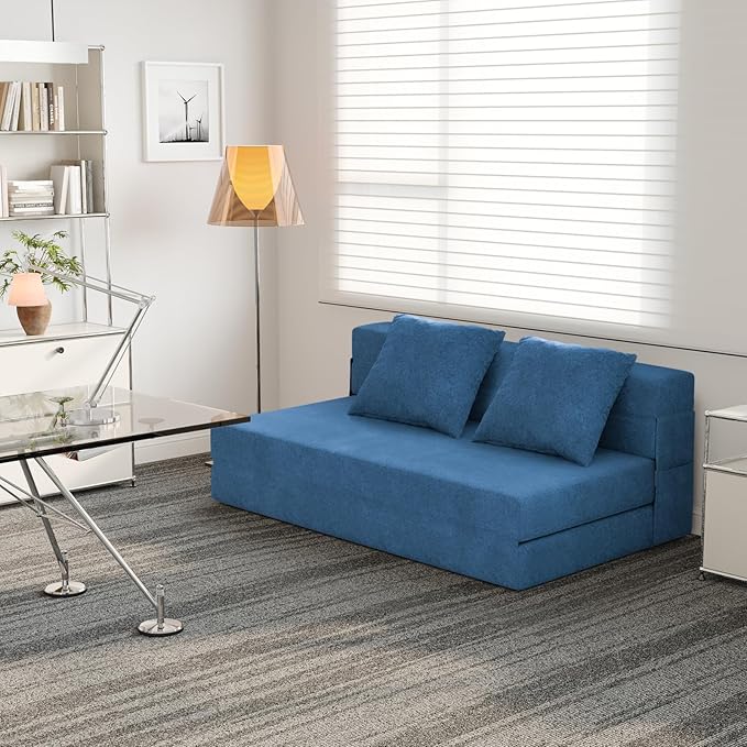60 Convertible Sleeper Sofa Bed 5-in-1 Loveseat Boneless Couch in a Box Fold Out Chair Bed with Pillows Folding Floor Mattress for Living Room Bedroom Dorm Guest Use Apartment Navy Blue