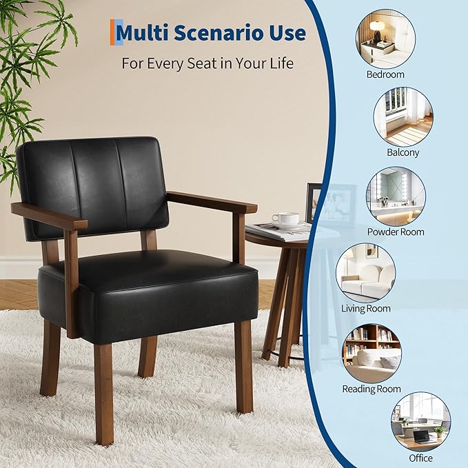 Garvee Mid-Century Accent Chair Set of 2 with Wood Frame PU Leather Upholstered Lounge Arm Chair with Classic Vertical Stripe Reading Leisure Chair for Living Room Bedroom Balcony Black