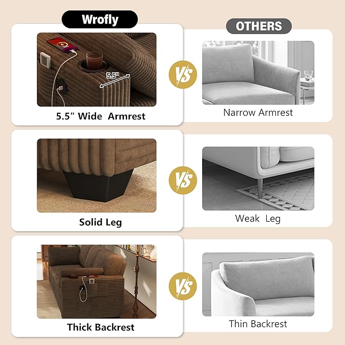80'' Couches for Living Room Corduroy Cloud Couch Sofa with Cup Holders &amp USB 2 Pillows Comfy 3 Seater Sofas Modern loveseat Couch for Small SpaceApartmentBedroom Light Brown