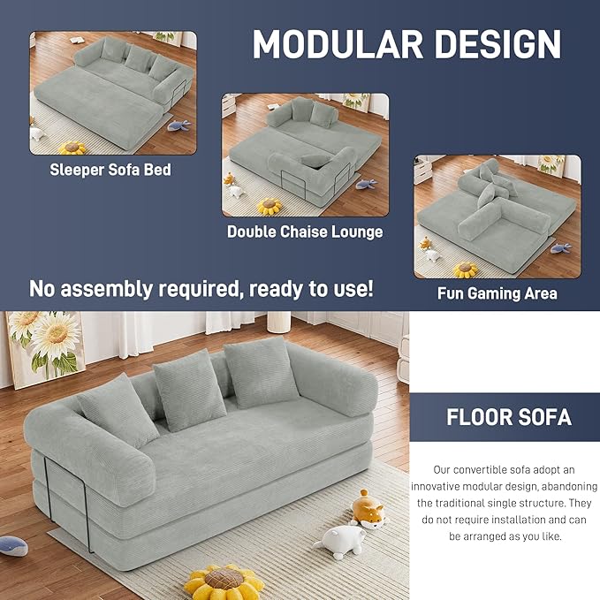 Convertible Sofa Bed Corduroy Memory Foam Compression Sofa Modular Floor Sofa with Pull-Out Bed Compressed Couch in Box Folding Sleeper Couches Bed for Living Room Bedroom Lounge Light Grey