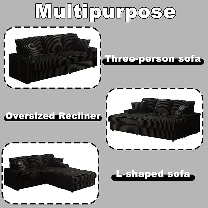 84Inch Corduroy 3-Seater Sofa with 3 Back Pillows2 toss Pillows a Ottoman2storage Spaces and Cup-Holding Grooves Comfy Sofa- Deep Seat Couch for Living RoomBlack