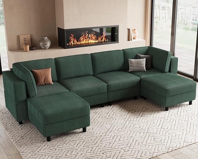 114.2 U-Shaped 6-Seater Convertible Sectional Sofa Corduroy Modular Sleeper with Deep Storage Seat &amp Movable Ottoman Green