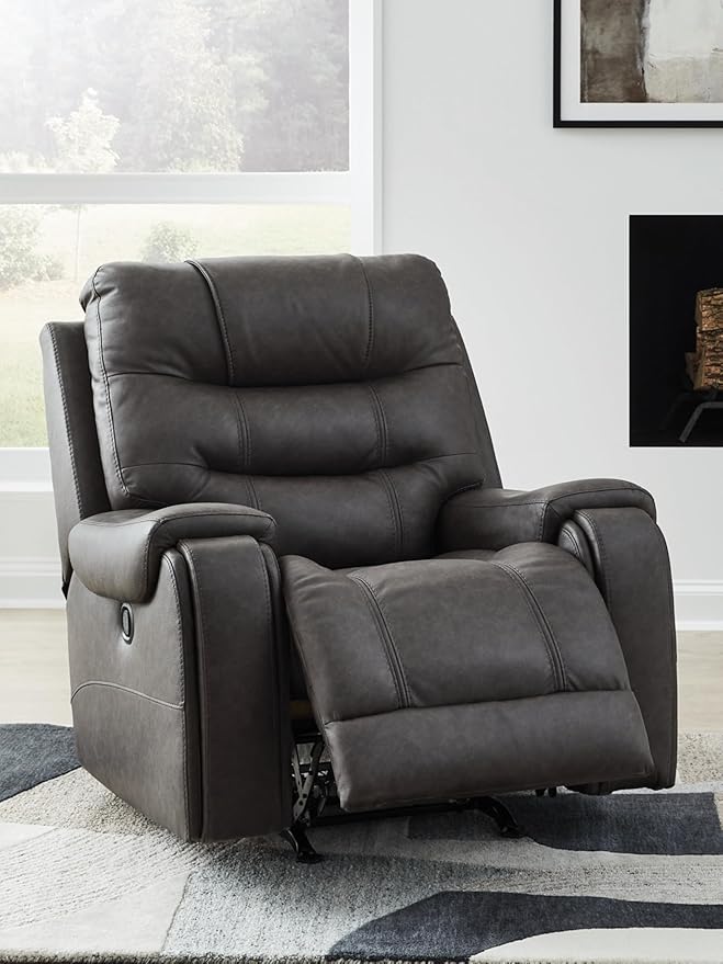 Signature Design by Ashley Trumble Modern Faux Leather Manual Rocker Recliner with Track Arms Gray