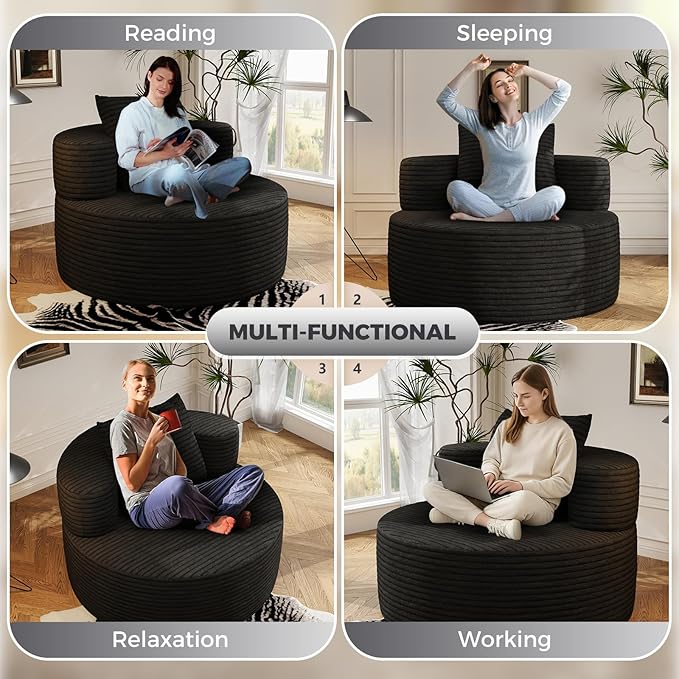 37.4 Boneless Round Chair Oversized Chaise Lounge Cloud Chair Indoor Upholstered Corduroy Deep Seat Sofa Accent Chair No Assembly Required for Living Room Bedroom Apartment