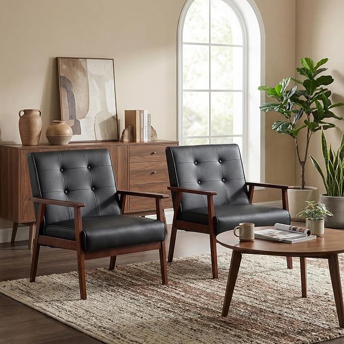 JIASTING Mid-Century Retro Modern Accent Chair Wooden Arm Upholstered Tufted Back Lounge Chairs Seat Size 24.4 18.3 (Deep) (Square Leg Black)