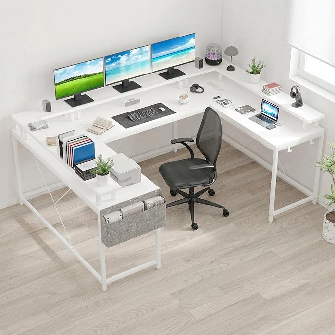 U Shaped Computer Desk with Power Outlets &amp RGB LED Lights Reversible l Shaped Corner Desk with Monitor Stand Black Willow Wood Finish Gaming &amp Home Office Desk