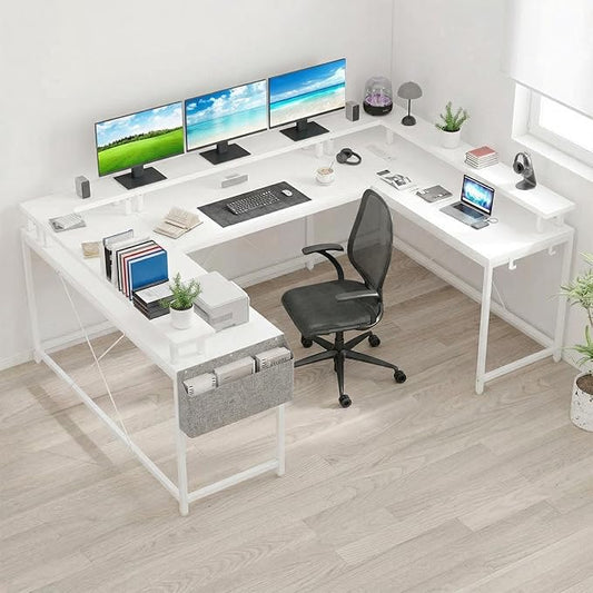 U Shaped Computer Desk with Power Outlets &amp RGB LED Lights Reversible l Shaped Corner Desk with Monitor Stand Black Willow Wood Finish Gaming &amp Home Office Desk