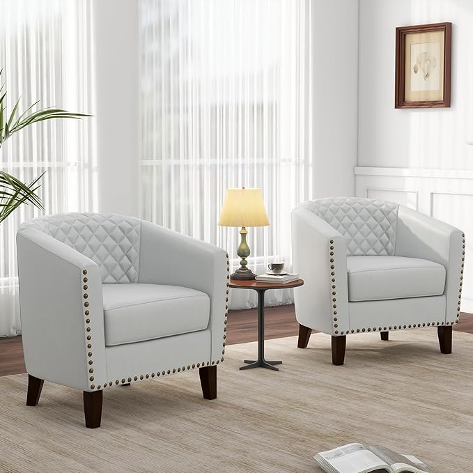 Pia Ricco Faux Leather Barrel Accent Chair Modern Club Arm Chair Comfy Upholstered Single Sofa Chair with Solid Wood Legs and Nailhead Trim for Living Room/Reading Room (White)