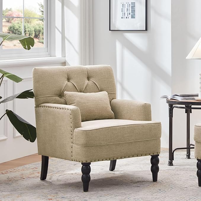 HUIMO Tufted Club ChairAccent Chair with Lumbar Pillow Upholstered Button Armchair Linen Fabric Sofa Chairs for Bedroom Living Room Mid Century Modern with Studded Reading Chair Brown