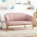Blush Fabric Loveseat Sofa - Mid Century Modern Channel Stitched Backrest with Brown Rubberwood Legs for Living Room Bedroom or Foyer