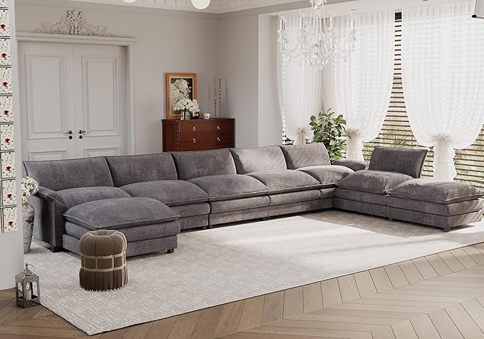 JUMMICO 198” Modular Oversized Sectional Sofa Couch Modern Wide Arm Deep Seat and Reversible Ottoman Sleeper Sofa Chenille Fabric for Living Room Apartment (Grey Oversized Sofa)