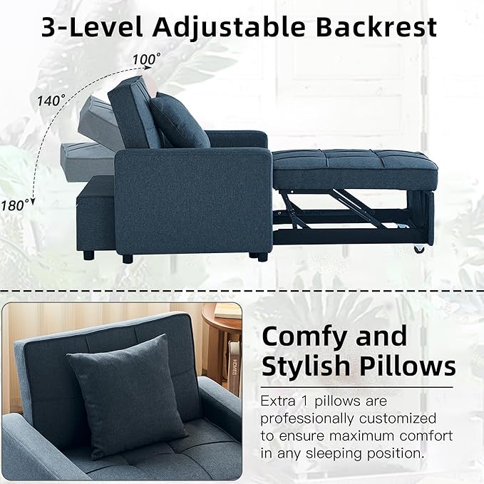 Sofa Bed Chair Convertible Sleeper Sofa with Pull-Out Bed 3-in-1 Futon Couch with Reclining Backrest and Side Pocket (Blue 35.6‘)
