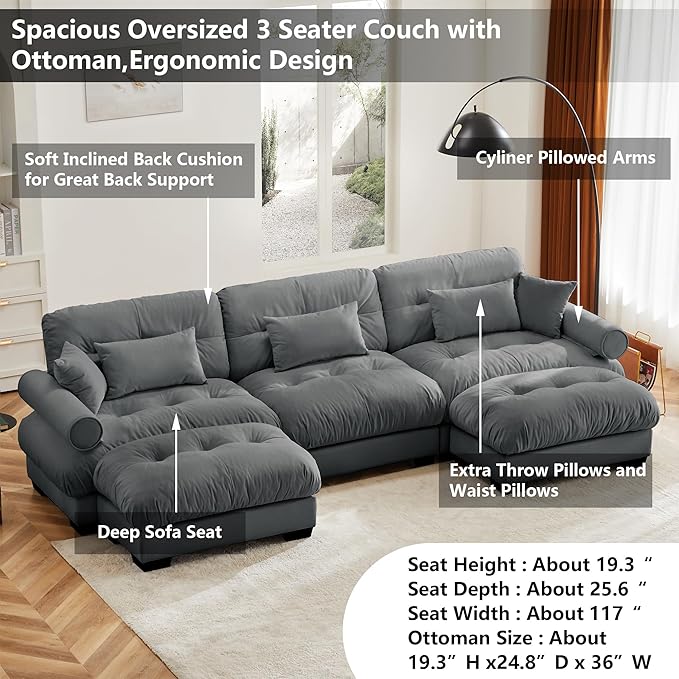 Aoowow Modern Velvet Cloud Sofas Deep Seat for Living Room130 Luxury Oversized U-Shaped Cloud Couch with OttomansTufted Extra Large 3 Seater Sleeper Sofa