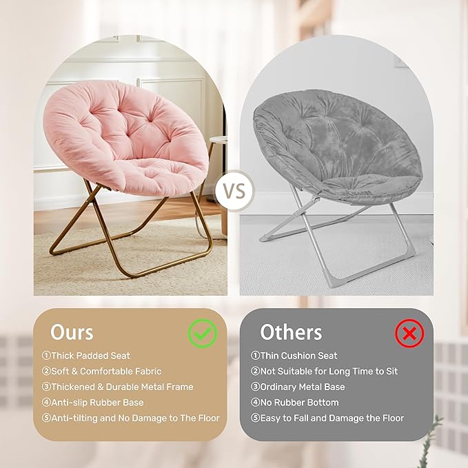 ScratchMe Saucer Chair Comfy Faux Fur Chair for Bedroom Saucer Chairs for Adults Teens Round Shaped Moon Chair with Foldable Metal Frame Pink
