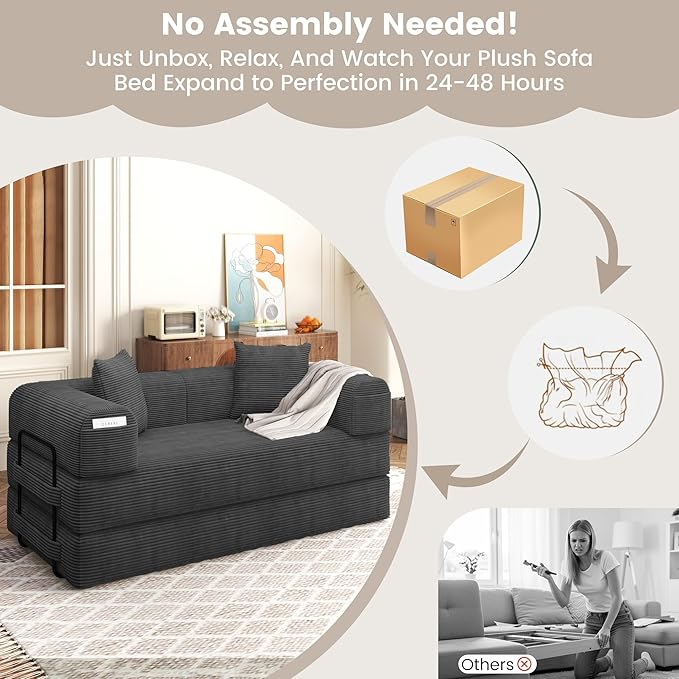 80 Convertible Sofa Bed 5 in 1 Modular Boneless Couch Sleeper Sofa Bed with Fixed Frame &amp Removable Backrest Pillow Washable Corduroy Futon Sofa Bed Couch in a Box for Small Spaces Dark Grey