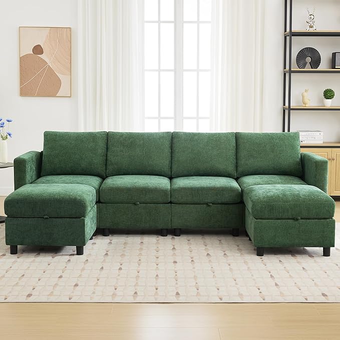 25”Square Storage Ottoman Module for Modular Sectional Sofa Living Room Coffee Table Sectional Ottoman Footrest for Convertible Couch Chenille Dark Green