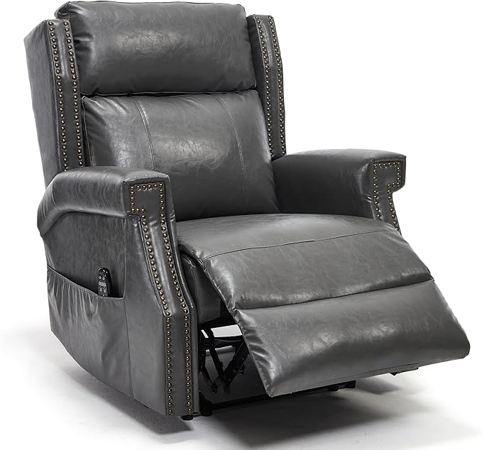 Manual Recliner Chair Faux Leather Push Back Recliners with Vibration Massage Lumbar Heat Living Room Single Sofa Reclining Rivet Design Chair Gray