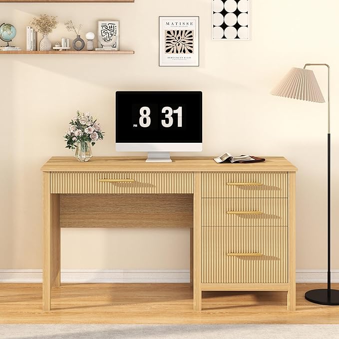 Modern Executive Desk with Drawers: 54 Oak Home Office Desks with File Drawers Wood Fluted Computer Writing Desk for Work Study and Living Room (54)