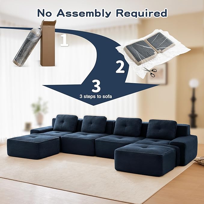 150.4'' Sectional Sofa 32D Foam Corduroy Boneless Couch with Pillow Deep Seat Wide Arm Sectional U Shaped Couch for Living Room Apartment Bedroom