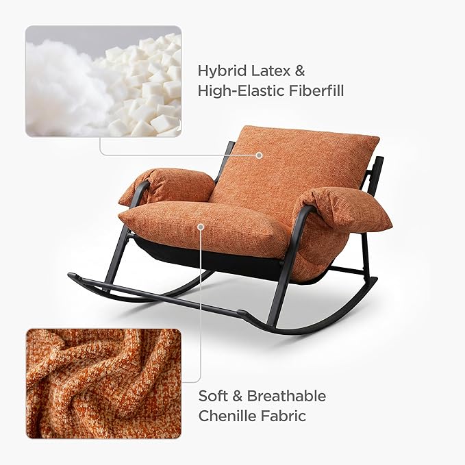 Acanva Oversized Rocking Chair Hybrid Latex Cushion Reading Chair with Aluminum Frame Chenille Lounge Armchair for Indoor Bedroom Living Room Reading Nook Tangerine