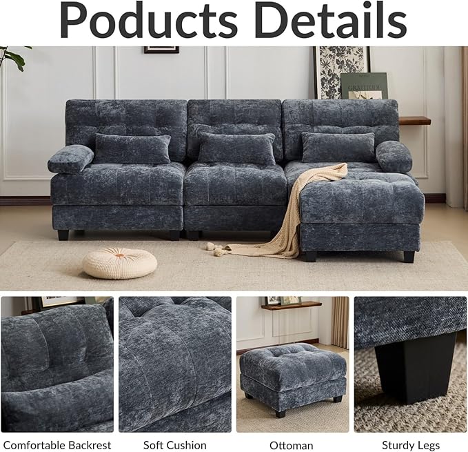 KEIKI 93 3 Seater Chenille Modular Sectional Couches with 4-Position Adjustable Backrest Ottoman &amp 3 Throw Pillows Comfy Couch Sofa for Living Room Apartment Indoor 350lb/Seat