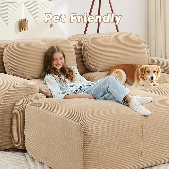117.3” Modular Sectional Sofa Corduroy L Shape Boneless Couch with Ottoman Comfy 4 Seater Cloud Sofa Sectional Deep Seat Modern Upholstered Couches for Living Room No Assembly Required