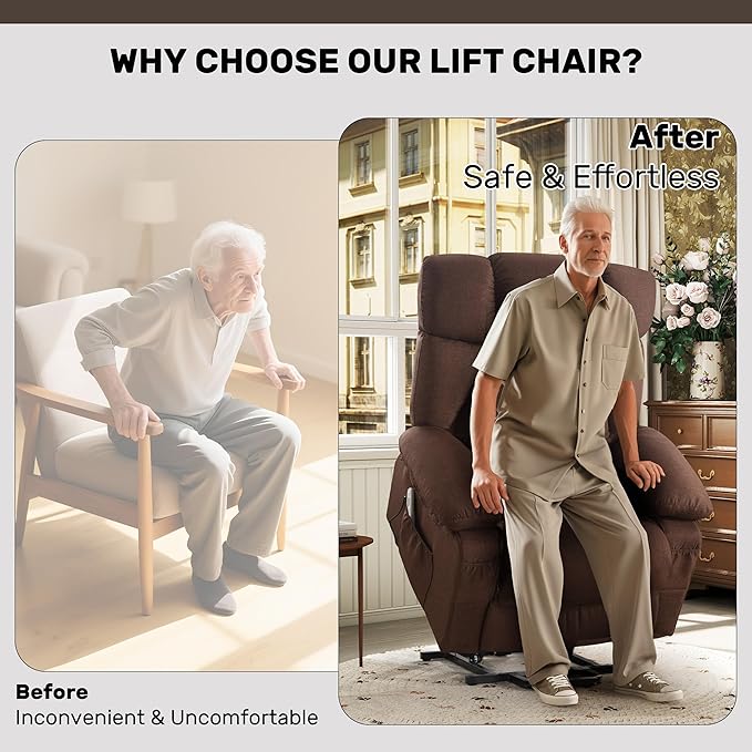 Power Lift Recliner Chair for Elderly Big and Tall Lift Chair with Massage and Heat for Living Room Fabric Electric Recliner Chairs with 4 Side Pockets USB Charge PortBrown