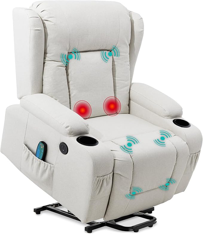 Best Choice Products Modern Linen Electric Power Lift Chair Recliner Massage Chair Adjustable Furniture for Back Legs w/ 3 Positions USB Port Heat Cupholders Easy-to-Reach Button - Ivory