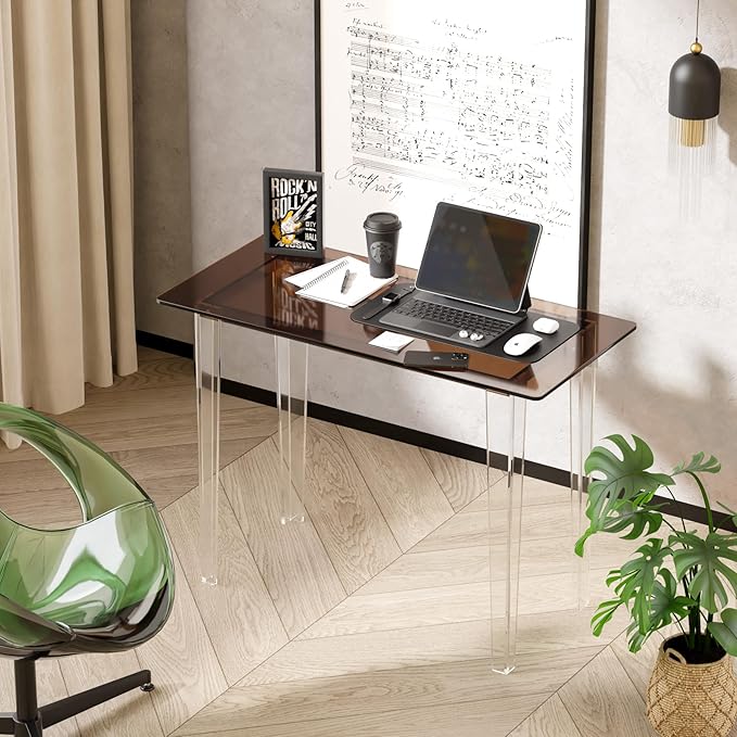 Modern Acrylic Desk for Home Office - Multi-Purpose Study Table with Extended Surface Sturdy Lightweight Design Transparent Amber Console &amp Entryway Table (42.5 Inch)