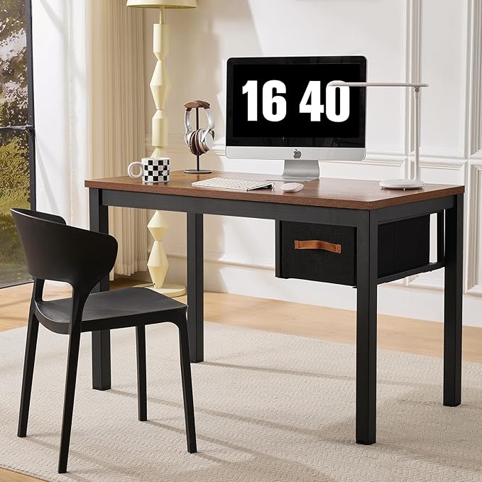 Computer Desk with Drawer 47 Inch Home Office Work Desks Modern Writing Study PC Desk Gaming Table for Small Place Bedroom Thickened Tabletop and Stable Metal Frame Leg（Rustic Brown）