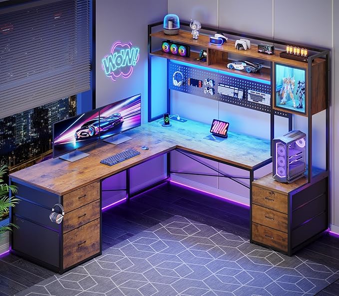 SEDETA L Shaped Gaming Desk with 6 Drawers Reversible Computer Office Desk with File Drawer Hutch Storage Shelves Gaming Corner Desk with Led Lights Power Outlet for Two Person Rustic Brown
