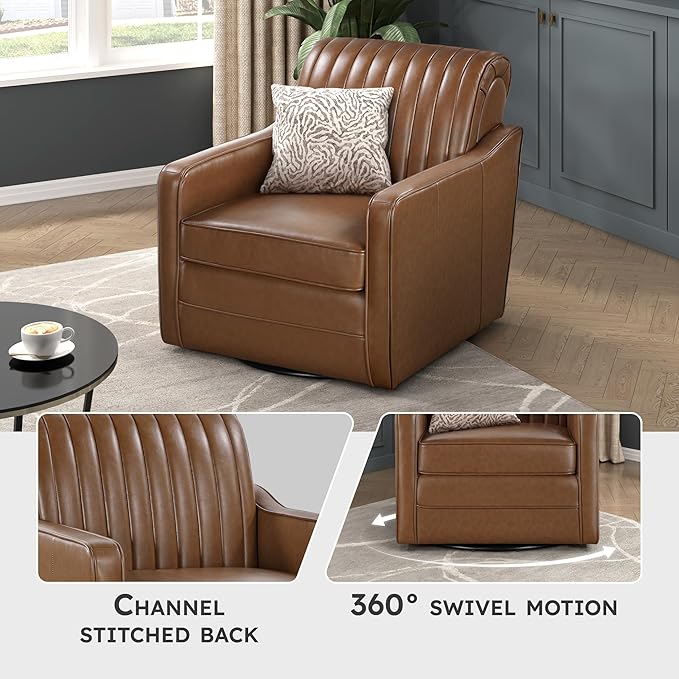 Lexicon Swivel Accent Chair with Track Arms Faux Leather Arm Chair with Solid Wood Frame and Metal Base Deep Seat Swivel Sofa Chair Modern Reading Chair for Living Room/Office/Apartment Cognac