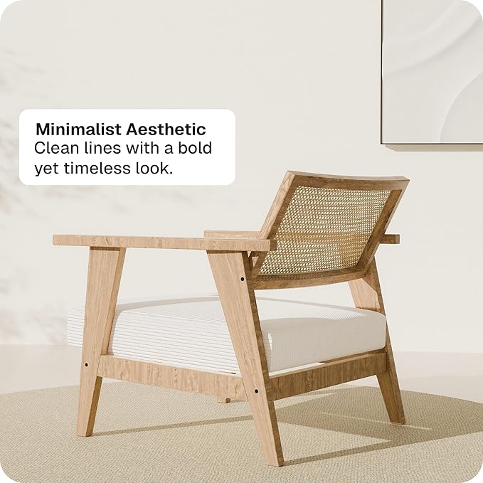 BELLEZE Mid Century Modern Rattan Chair Accent Natural Wood Armchair with Upholstered Seat and Cane Back Boho Retro Lounge Chair for Living Room Bedroom Office
