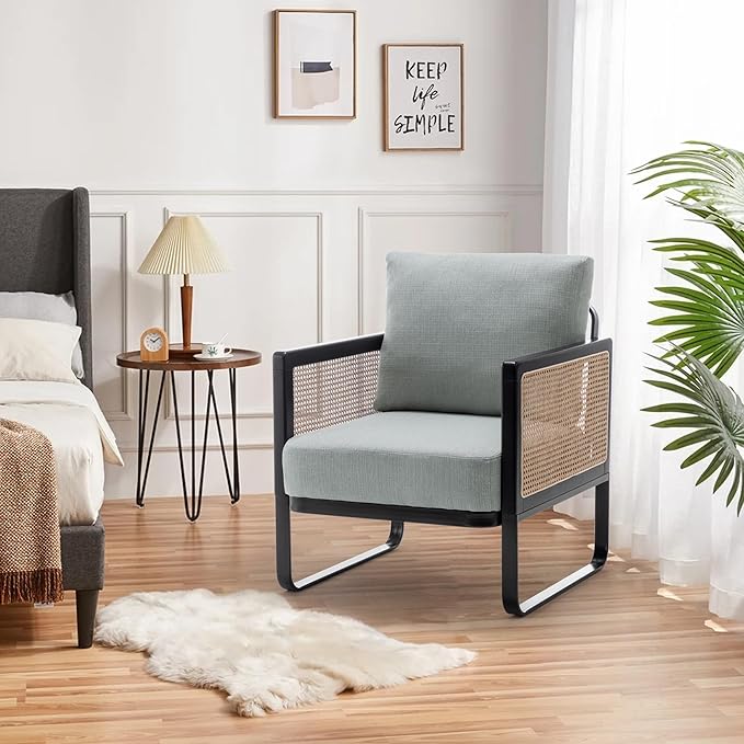 WENTMENT Modern Accent Chair Sofa Chair with Natural Rattan Armrest and Removable Backrest Upholstered Living Room Chair Comfy Lounge Chair for Reception Room/Hosting Room/Bedroom (Grey)