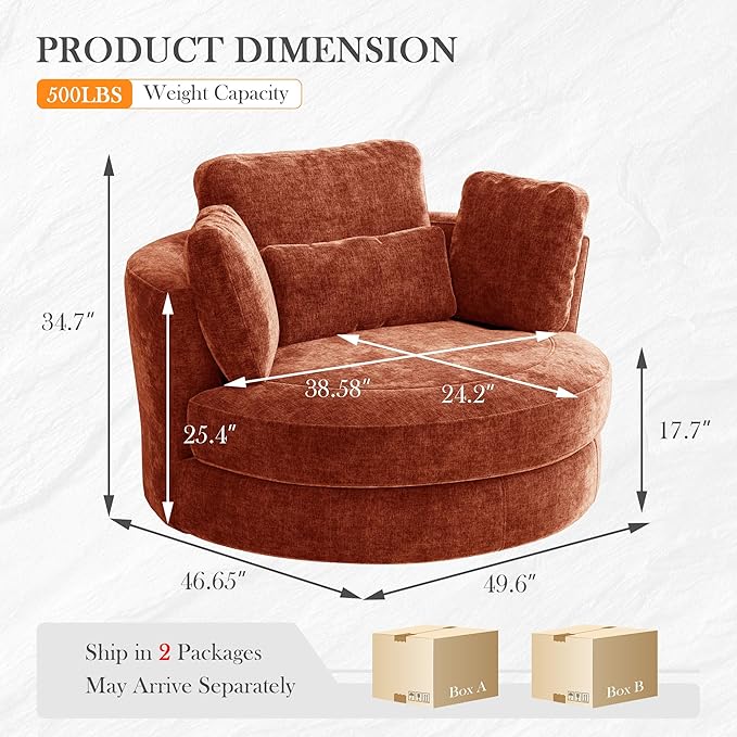Aoiy &amp Wifon 50'' W Oversized Swivel Barrel Chair Terracotta Swivel Accent Chair for Living Room Round Oversized Arm Chair with 4 Pillows Deep Seat &amp Extra Wide Chenille
