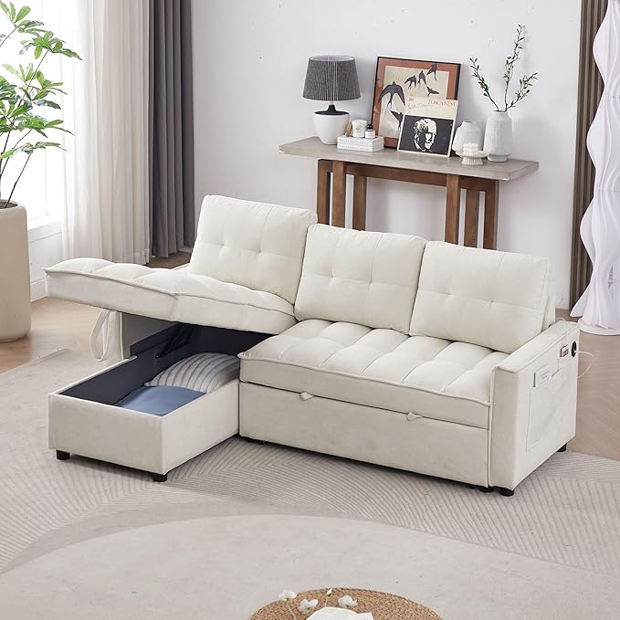 Reversible Sectional Sleeper Sofa - Pull Out Sofa Bed Couch with USB and Tape-c Charging Ports L-Shape Sleeper Sectional Couch for Living Room Office and Small Apartment (Beige)