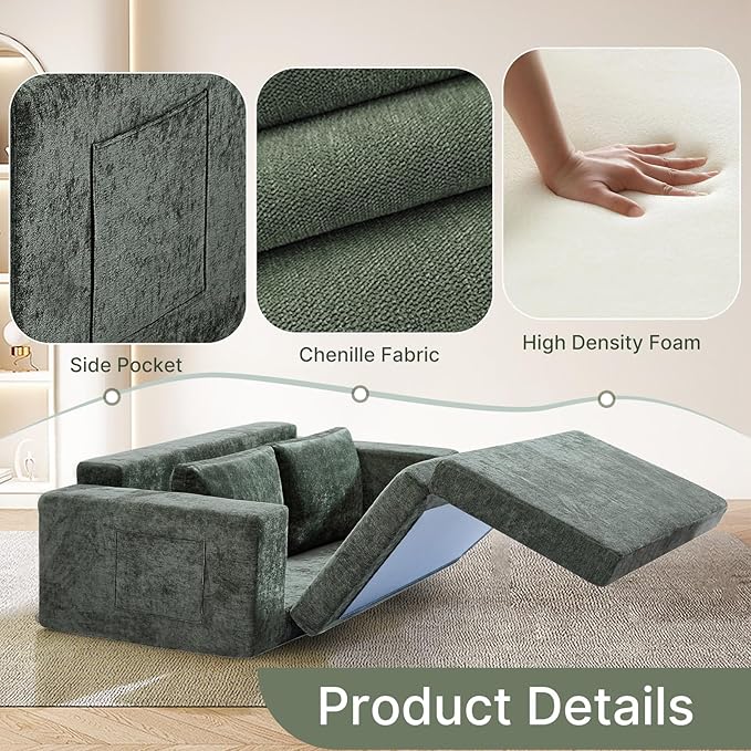 Convertible Sofa Bed Pull Out Loveseat Sleeper Couch with Pillows 2 in 1 Foldable Couch Bed with detachable mattress Modern Chenille Floor Futon Sofa with Pillows for Living Room Bedroom (Green)
