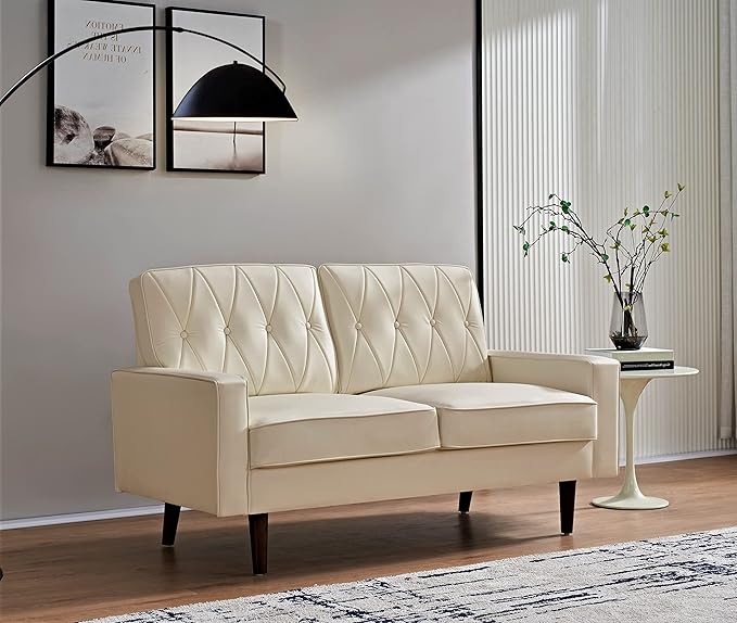 Modern Style Faux Leather Loveseat with Elegant Round Tapered Legs and Button Tufted Backrest Perfect for Living Room Bedroom or Home Office 57.5’’ Wide White