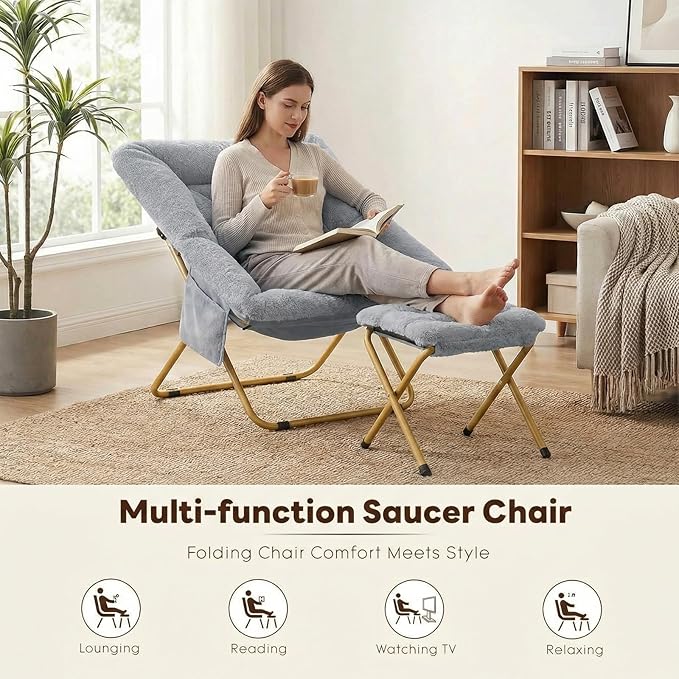 Folding Saucer Chair Comfy Reading Chair with Ottoman Plush Faux Fur Lounge Chair for Small Space Bedroom Dorm Living Room X-Large Lazy Chair for Adults Teens Kids