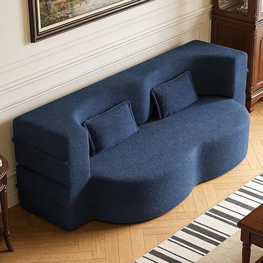 2 in 1 Convertible Compressed Sofa Bed 54'' Modern Boneless Loveseat Sleeper in a Box Floor Mattress Futon Couch No Assembly Needed Space Saving Blue 2 Pillows Full for Small Living Room