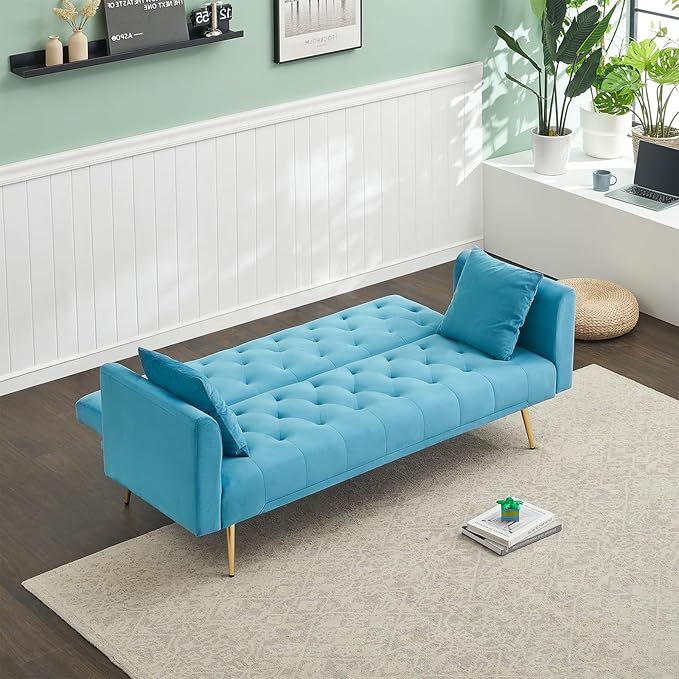KINFFICT Velvet Futon Sofa Bed with 2 Pillows Convertible Sleeper Sofa Couch with 3 Angle Adjustable Backrest Modern Loveseat with 4 Golden Metal Legs for Living Room and Bedroom