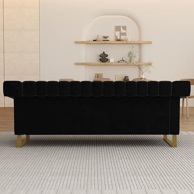 83'' Velvet Couch Sofa Mid-Century Modern Love Seat Chesterfield 3 Seat Couches Sofa for Living Room Apartment (Black)