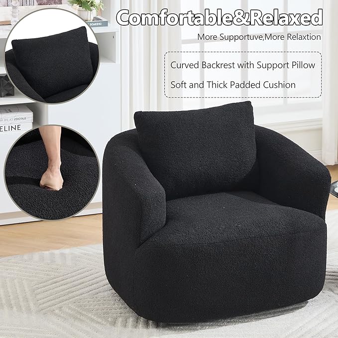 Swivel Accent Chair Boneless Sofa Chair with 360 Rotation Premium Teddy Velvet Foam Lounge Chair for Bedroom Living Room Comfy Reading Armchair Black