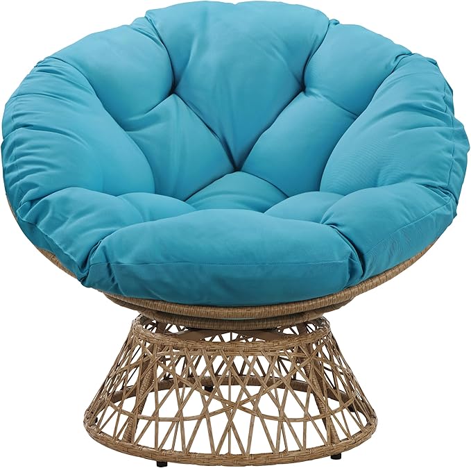 OSP Home Furnishings Wicker Papasan Chair with 360-Degree Swivel Natural Frame with Blue Cushion