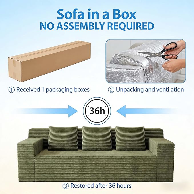71 Small Boneless Couch Corduroy 3 Seater Couch for Living Room with 3 Pillows &amp Armrests Deep Seat Sofa for Small Spaces Apartment﻿ (Antique Green) | Small Boneless Couch