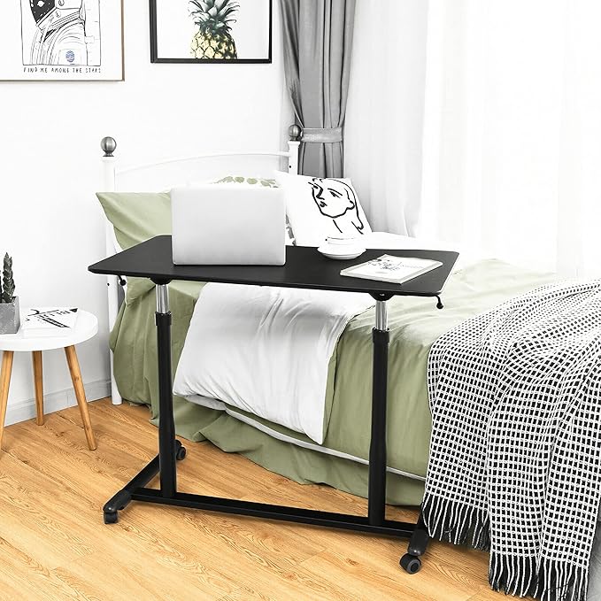 DORTALA Ergonomic Sit Stand Desk Pneumatic Height Adjustable Desk on Wheels Mobile Bedside Computer Desk w/Lockable Casters Sturdy Steel Frame for Living Room Bedroom Office Black