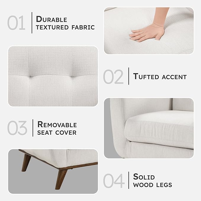 Lexicon Modern Accent Chair Textured Fabric Upholstered Armchair with Brown Wood Legs Track Arms Tufted Chair Back for Living Room/Office/Waiting Room Beige