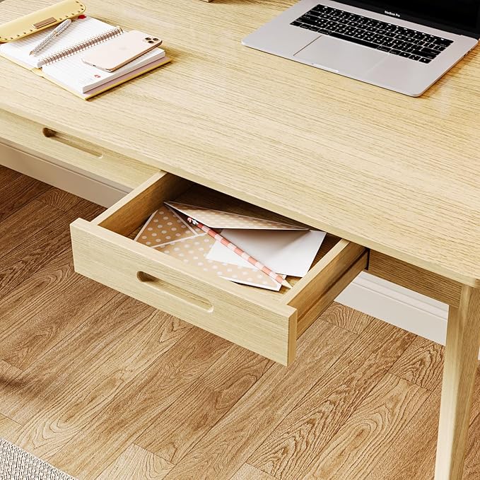 39.4 Inch Computer Desk with 2 Drawers Modern Home Office Desk Study Writing Gaming Work Table with Large Legroom Light Brown