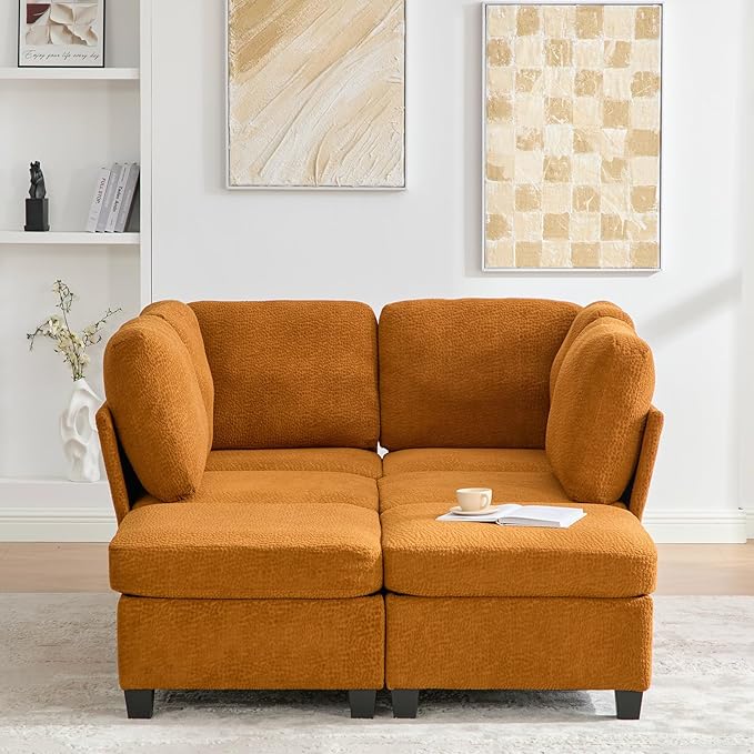 113 Modular Sectional Sofa Couch with Storage U Shaped 4 Seat Couches with Movable Ottoman Freely Combinable Deep Seat Sofa Upholstered Sectional Couches for Living Room Orange